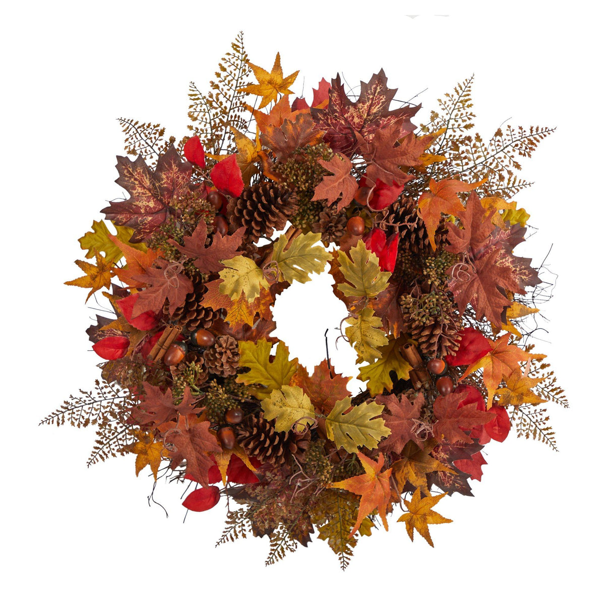 30” Autumn Maple Leaves, Acorn, Pinecones and Cinnamon Sticks Artificial Fall Wreath-Wreath-Parc Decor