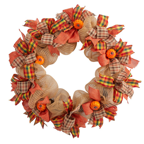 30” Autumn Pumpkin with Decorative Bows Artificial Fall Wreath-Wreath-Parc Decor