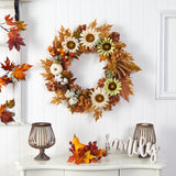 30” Autumn Sunflower, White Pumpkin and Berries Artificial Fall Wreath-Wreath-Parc Decor