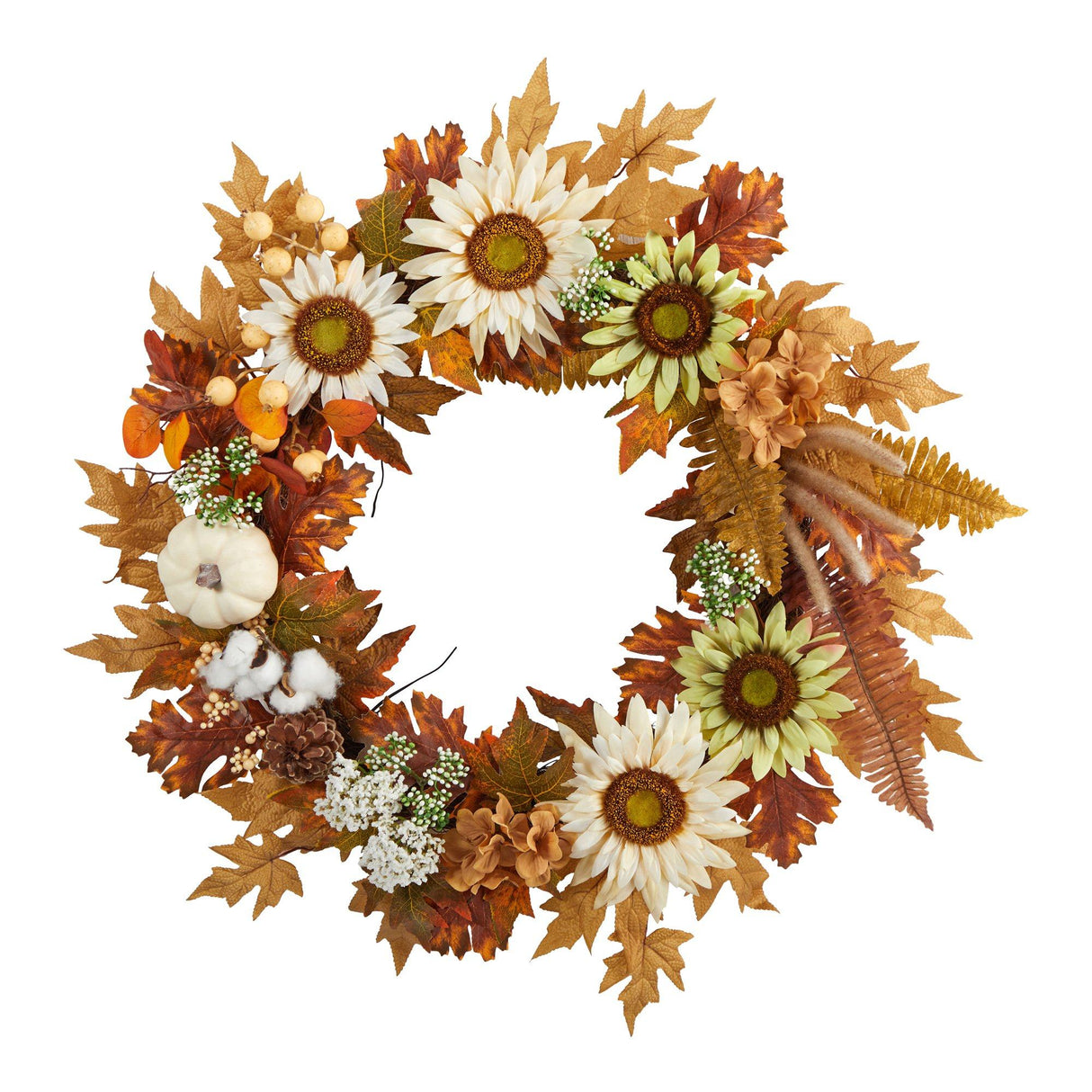 30” Autumn Sunflower, White Pumpkin and Berries Artificial Fall Wreath-Wreath-Parc Decor
