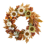 30” Autumn Sunflower, White Pumpkin and Berries Artificial Fall Wreath-Wreath-Parc Decor