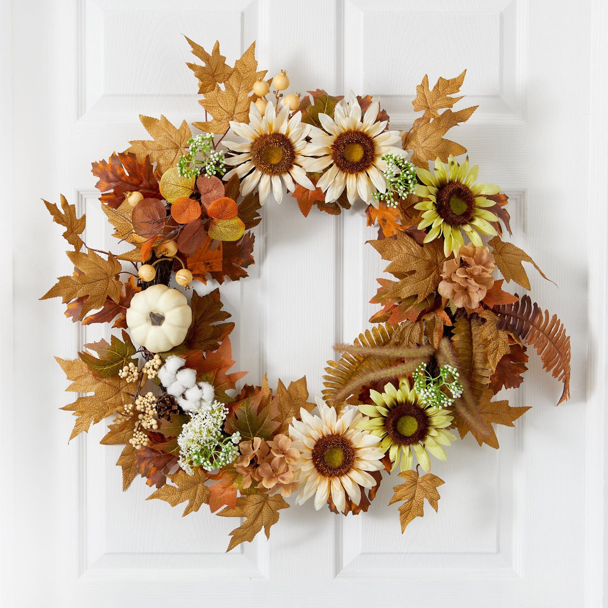 30” Autumn Sunflower, White Pumpkin and Berries Artificial Fall Wreath-Wreath-Parc Decor