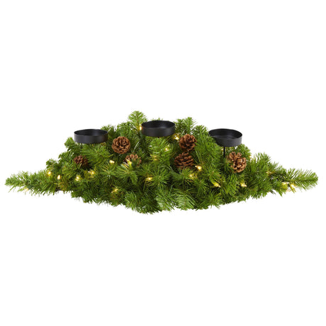 30” Christmas Artificial Pine Triple Candelabrum with 35 Clear Lights and Pine Cones-Candelabrum-Parc Decor