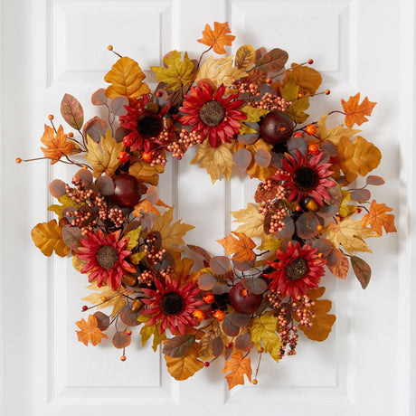 30” Fall Acorn, Sunflower, Berries and Autumn Foliage Artificial Wreath-Wreath-Parc Decor