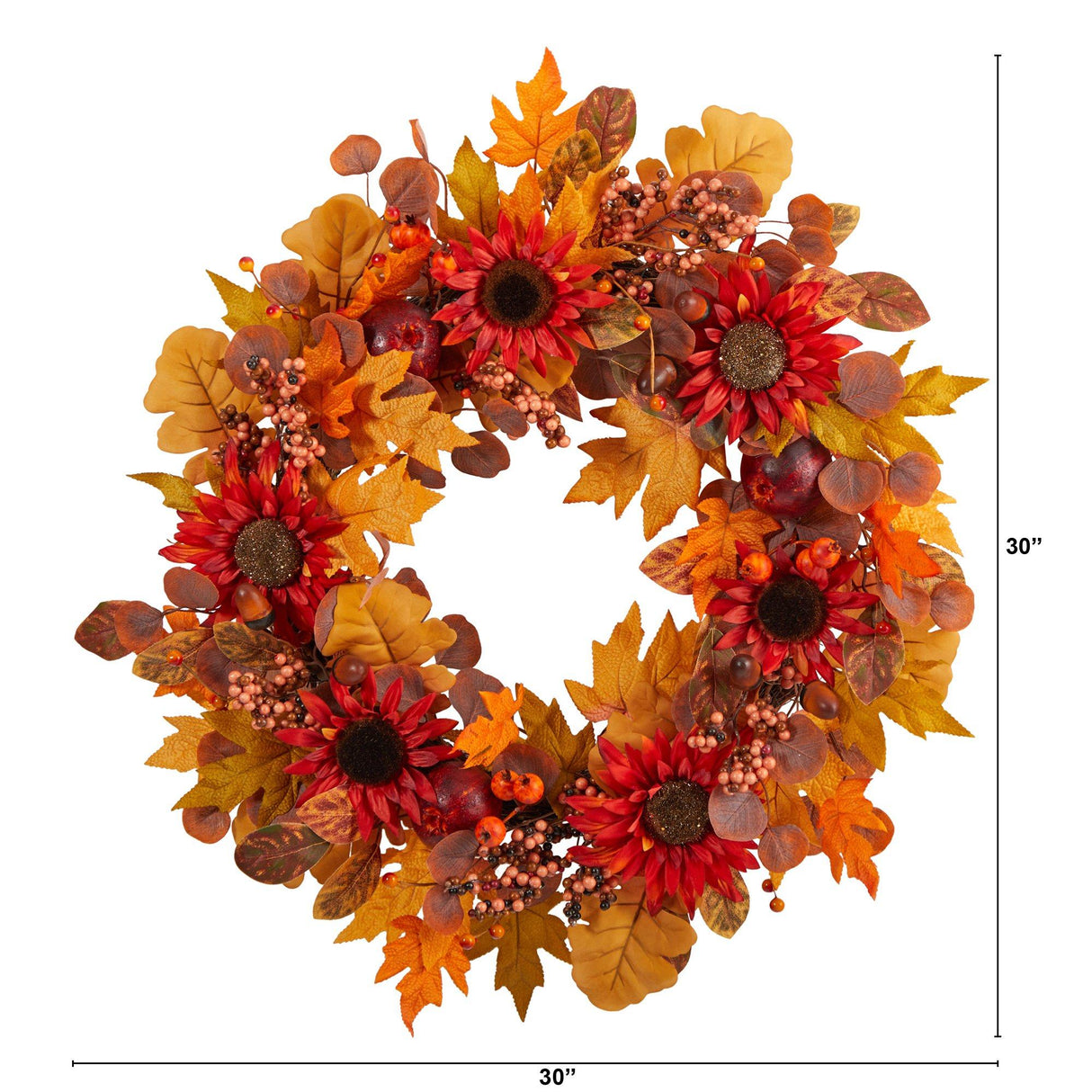 30” Fall Acorn, Sunflower, Berries and Autumn Foliage Artificial Wreath-Wreath-Parc Decor