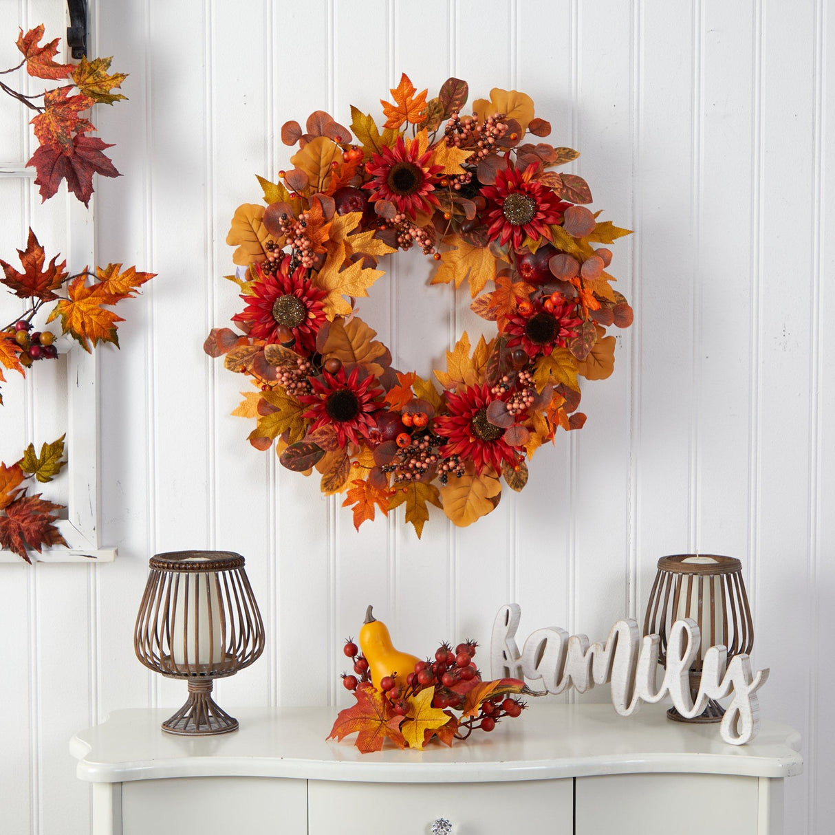 30” Fall Acorn, Sunflower, Berries and Autumn Foliage Artificial Wreath-Wreath-Parc Decor