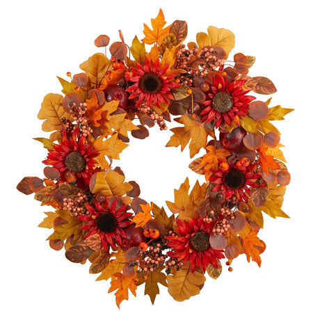 30” Fall Acorn, Sunflower, Berries and Autumn Foliage Artificial Wreath-Wreath-Parc Decor