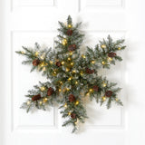 30” Pre-Lit Flocked Snowflake Artificial Dunhill Fir Wreath with Pinecones and 40 LED Lights-Wreath-Parc Decor