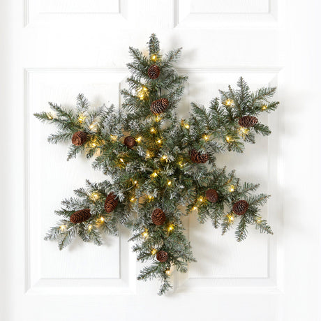30” Pre-Lit Flocked Snowflake Artificial Dunhill Fir Wreath with Pinecones and 40 LED Lights-Wreath-Parc Decor