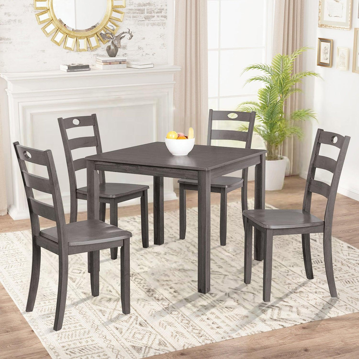 30"H Solid Rubberwood 5-Piece Dining Table Set with Slat Back Chairs-Parc Decor