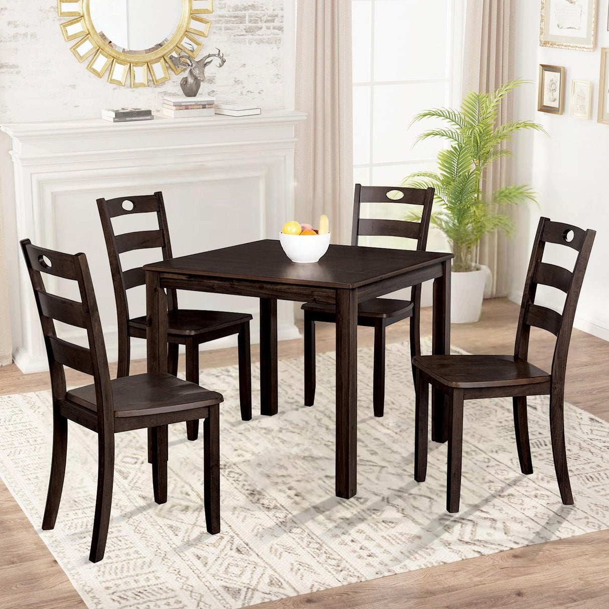 30"H Solid Rubberwood 5-Piece Dining Table Set with Slat Back Chairs-Parc Decor
