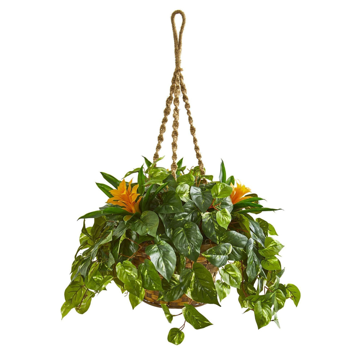 31” Bromeliad & Pothos Artificial Plant in Hanging Basket-Parc Decor