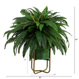31” Artificial Boston Fern in Patina Metal Planter with Stand-Plant in Planter-Parc Decor