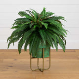31” Artificial Boston Fern in Patina Metal Planter with Stand-Plant in Planter-Parc Decor