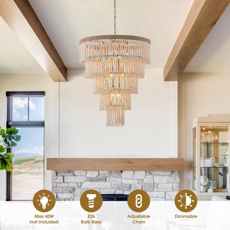 32 Inch Nelly 9-Light Bohemia Wood Beaded Chandelier-Parc Decor