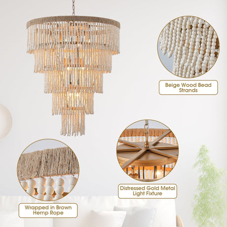 32 Inch Nelly 9-Light Bohemia Wood Beaded Chandelier-Parc Decor