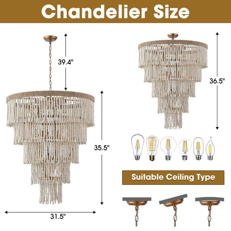 32 Inch Nelly 9-Light Bohemia Wood Beaded Chandelier-Parc Decor