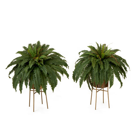 32” Artificial Boston Fern Plant with Metal Planter with Stand DIY KIT - Set of 2-Plant in Planter-Parc Decor