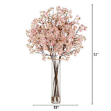 32” Artificial Cherry Blossom Arrangement with Glass Cylinder Vase-Arrangement-Parc Decor