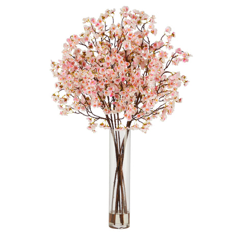 32” Artificial Cherry Blossom Arrangement with Glass Cylinder Vase-Arrangement-Parc Decor