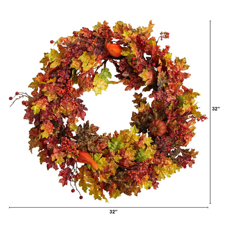 32” Autumn Oak Leaf, Berries and Pumpkin Artificial Autumn Wreath-Wreath-Parc Decor