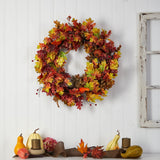 32” Autumn Oak Leaf, Berries and Pumpkin Artificial Autumn Wreath-Wreath-Parc Decor