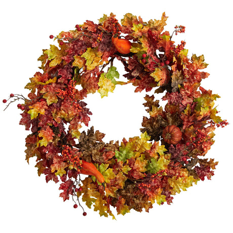 32” Autumn Oak Leaf, Berries and Pumpkin Artificial Autumn Wreath-Wreath-Parc Decor