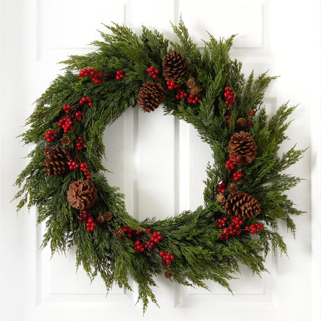 32'' Cypress with Berries and Pine Cones Artificial Wreath-Wreath-Parc Decor