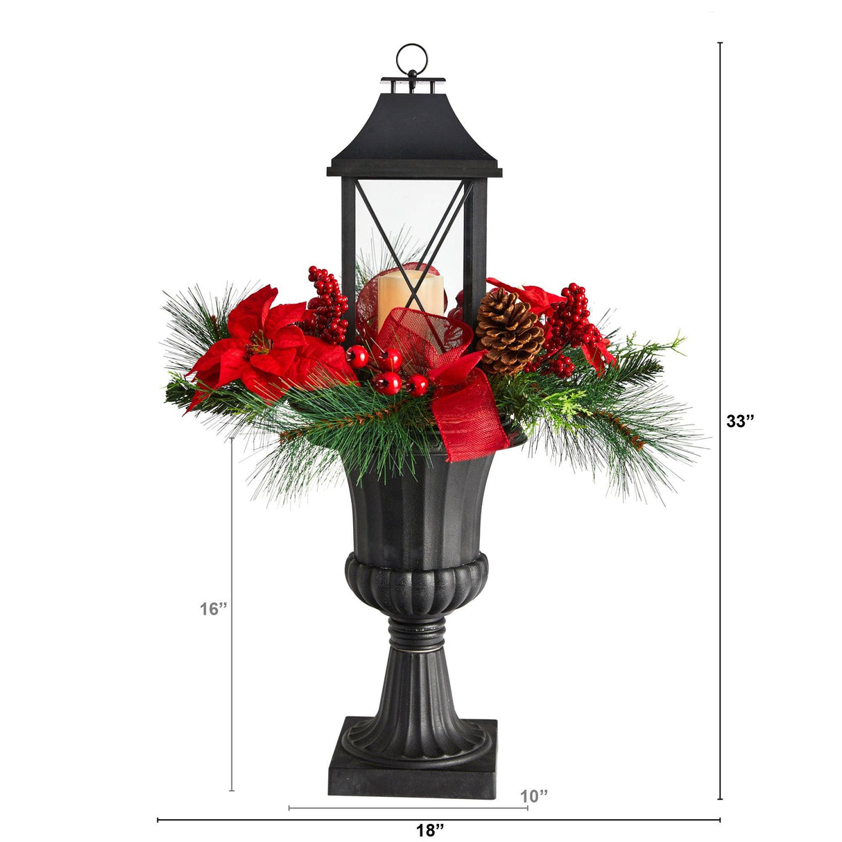 33” Holiday Berries and Poinsettia with Large Lantern and Included LED Candle-Parc Decor
