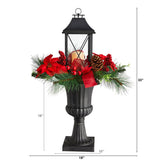 33” Holiday Berries and Poinsettia with Large Lantern and Included LED Candle-Parc Decor