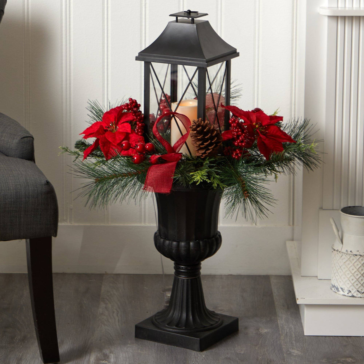 33” Holiday Berries and Poinsettia with Large Lantern and Included LED Candle-Parc Decor
