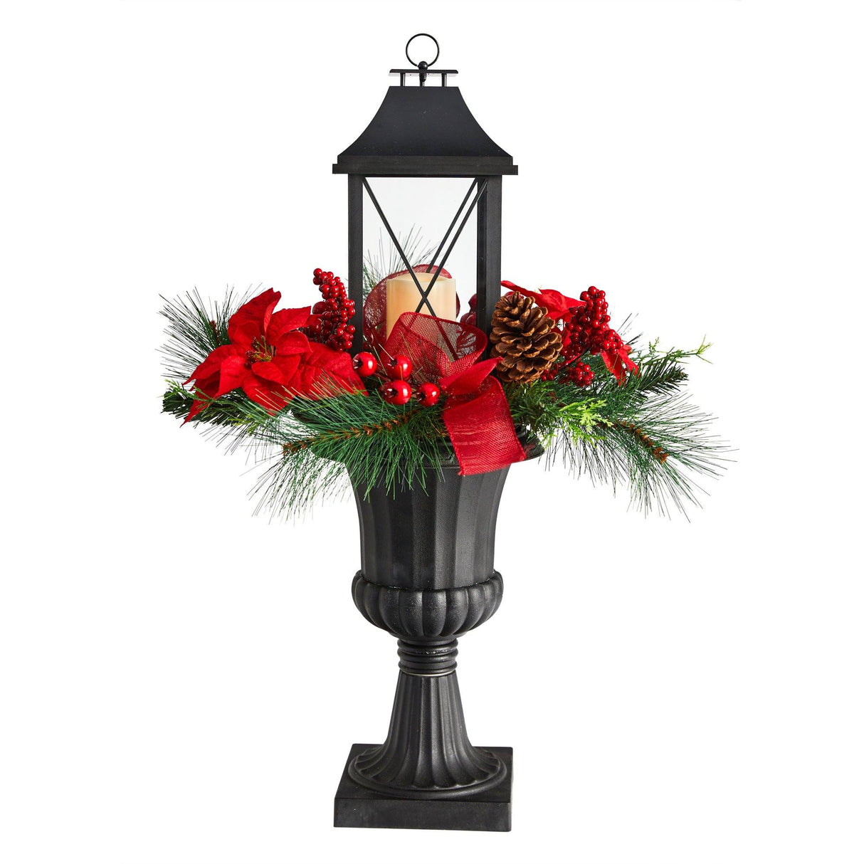 33” Holiday Berries and Poinsettia with Large Lantern and Included LED Candle-Parc Decor