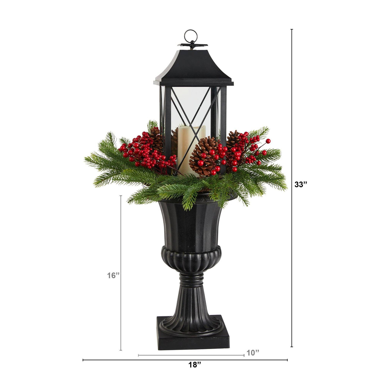 33” Holiday Greenery, Berries and Pinecones in Decorative Urn with Large Lantern-Parc Decor