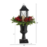 33” Holiday Greenery, Berries and Pinecones in Decorative Urn with Large Lantern-Parc Decor