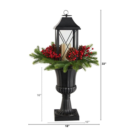 33” Holiday Greenery, Berries and Pinecones in Decorative Urn with Large Lantern-Parc Decor