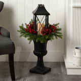 33” Holiday Greenery, Berries and Pinecones in Decorative Urn with Large Lantern-Parc Decor