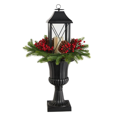33” Holiday Greenery, Berries and Pinecones in Decorative Urn with Large Lantern-Parc Decor