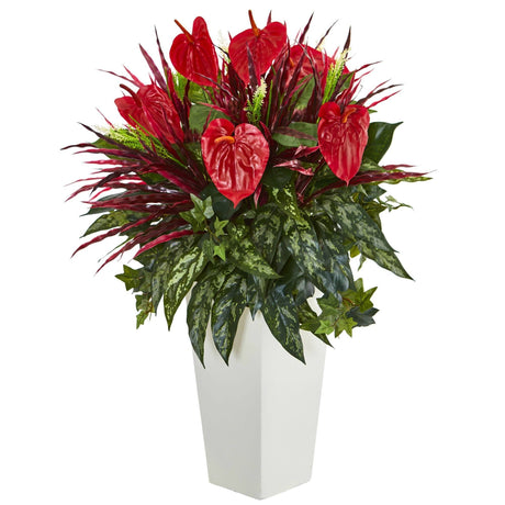 33" Mixed Anthurium Artificial Plant in White Tower Vase"-Parc Decor