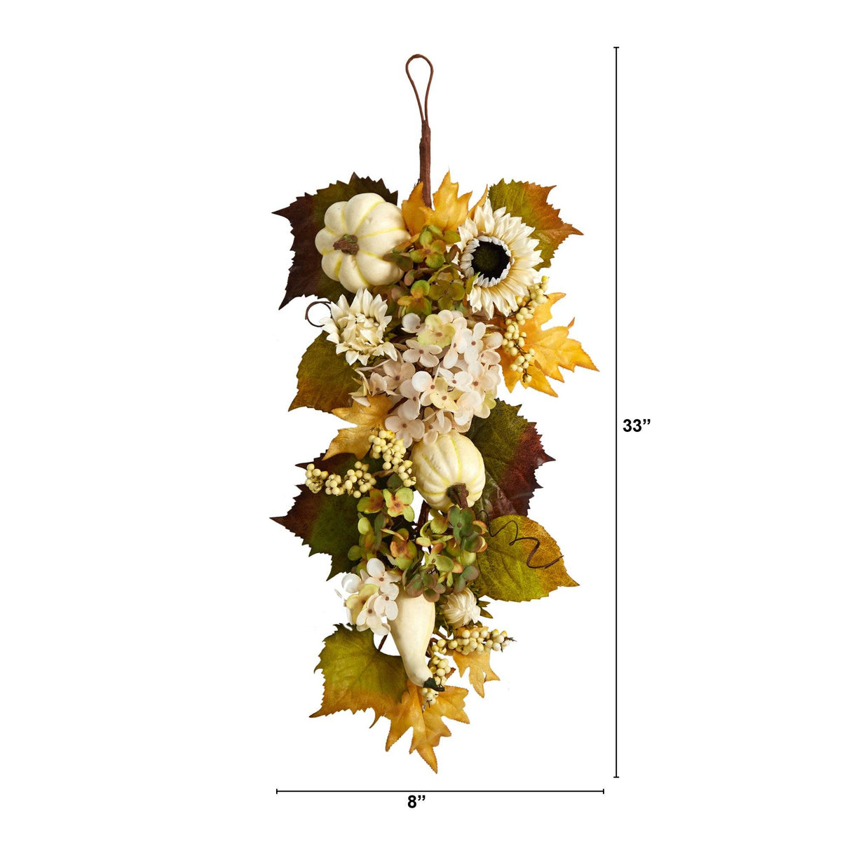 33” Fall Sunflower, Hydrangea and White Pumpkin Artificial Autumn Teardrop-Teardrop-Parc Decor