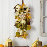33” Fall Sunflower, Hydrangea and White Pumpkin Artificial Autumn Teardrop-Teardrop-Parc Decor