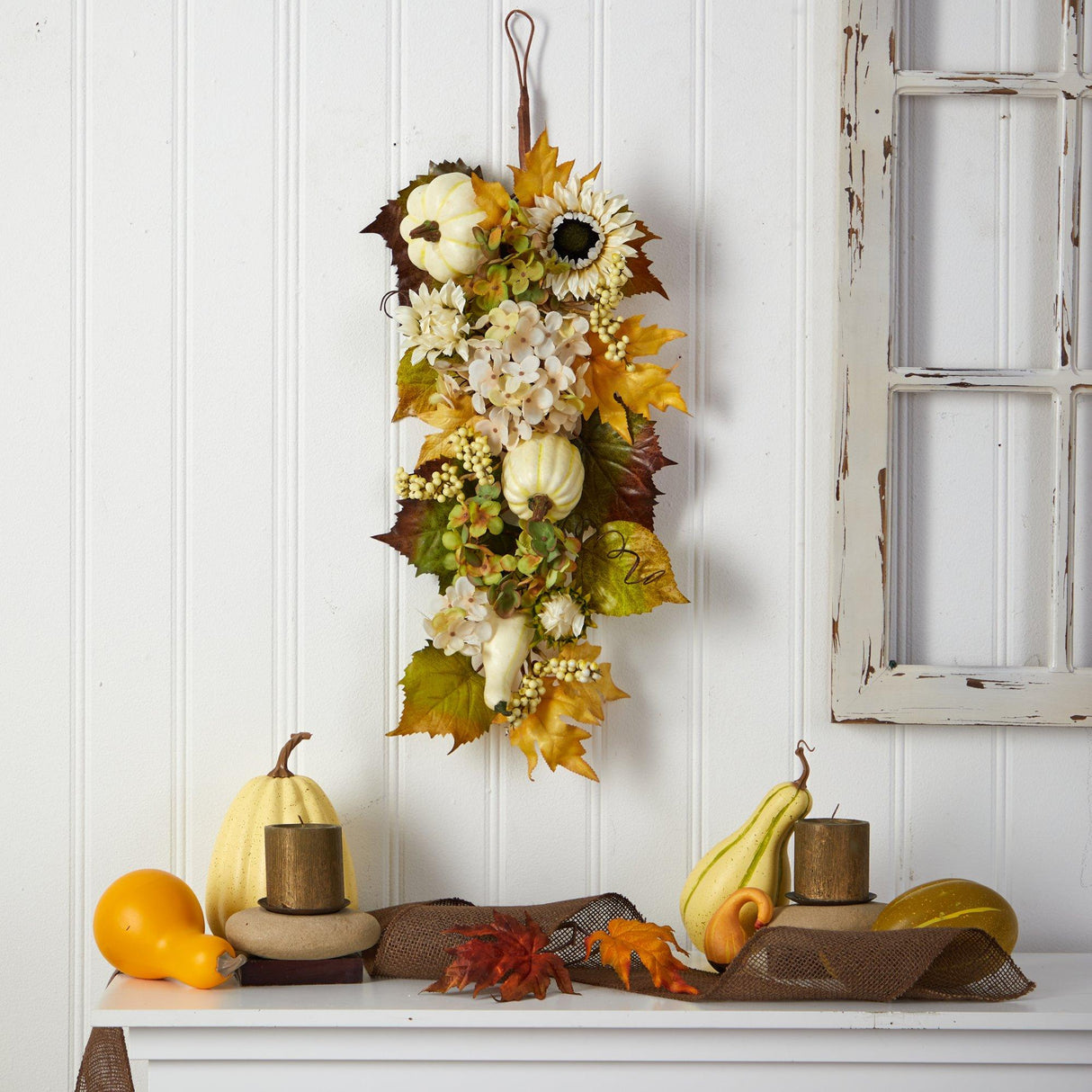 33” Fall Sunflower, Hydrangea and White Pumpkin Artificial Autumn Teardrop-Teardrop-Parc Decor