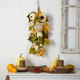 33” Fall Sunflower, Hydrangea and White Pumpkin Artificial Autumn Teardrop-Teardrop-Parc Decor
