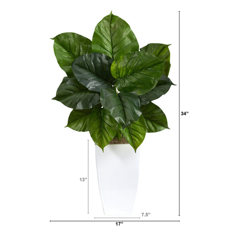 34” Large Philodendron Leaf Artificial Plant in White Metal Planter-Parc Decor
