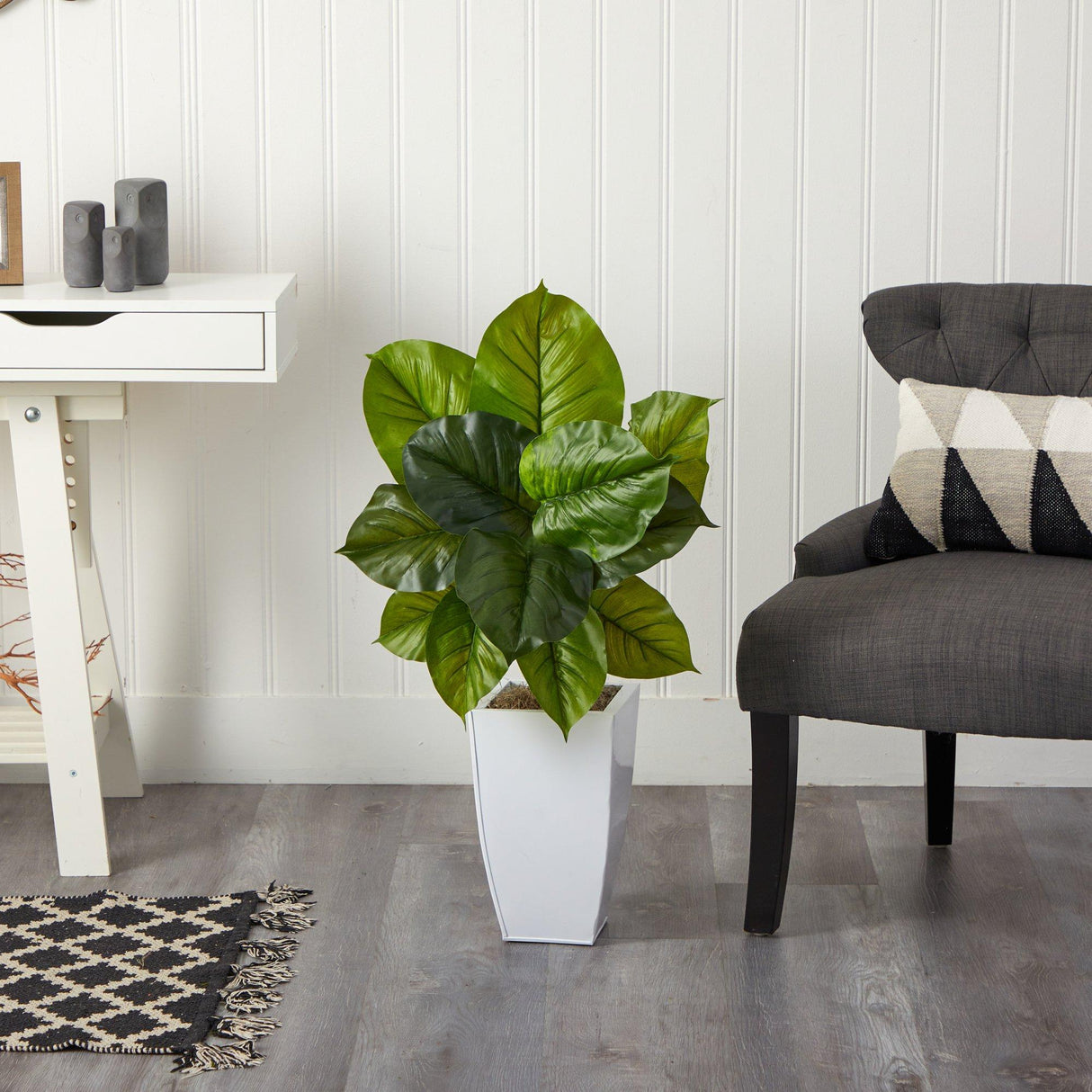 34” Large Philodendron Leaf Artificial Plant in White Metal Planter-Parc Decor