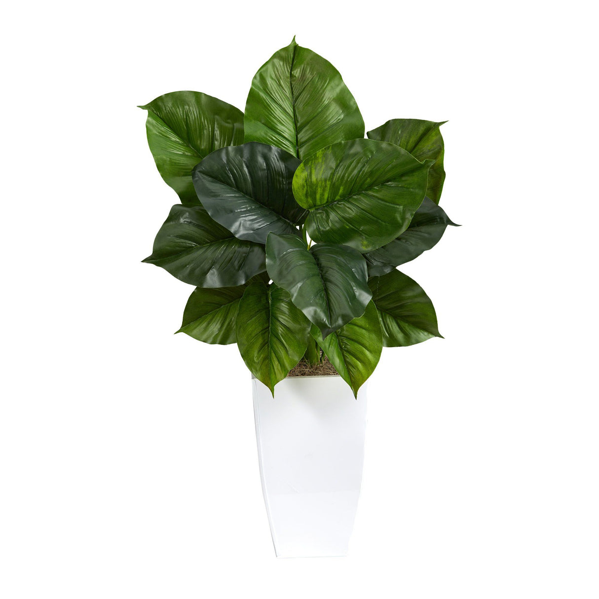 34” Large Philodendron Leaf Artificial Plant in White Metal Planter-Parc Decor