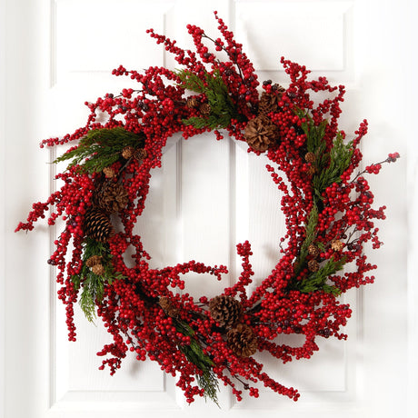 34” Cypress Artificial Wreath with Berries and Pine Cones-Wreath-Parc Decor