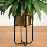35” Artificial Boston Fern in Brass Metal Planter with Stand-Plant in Planter-Parc Decor