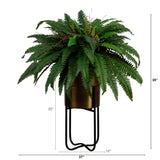 35” Artificial Boston Fern in Brass Metal Planter with Stand-Plant in Planter-Parc Decor