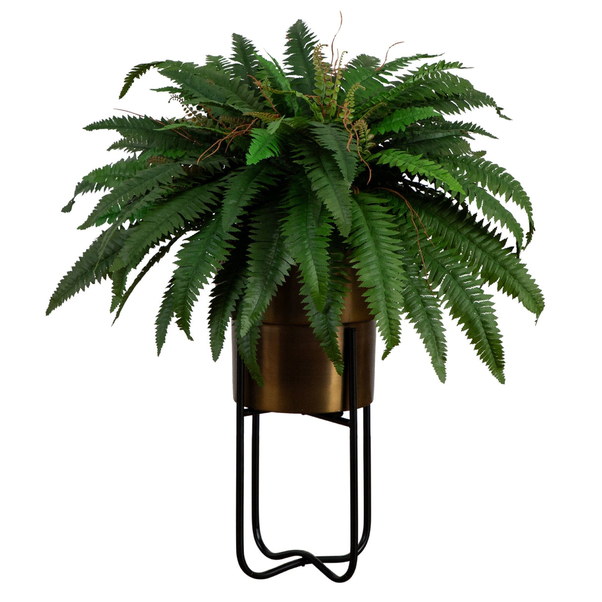35” Artificial Boston Fern in Brass Metal Planter with Stand-Plant in Planter-Parc Decor