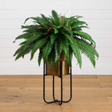 35” Artificial Boston Fern in Brass Metal Planter with Stand-Plant in Planter-Parc Decor